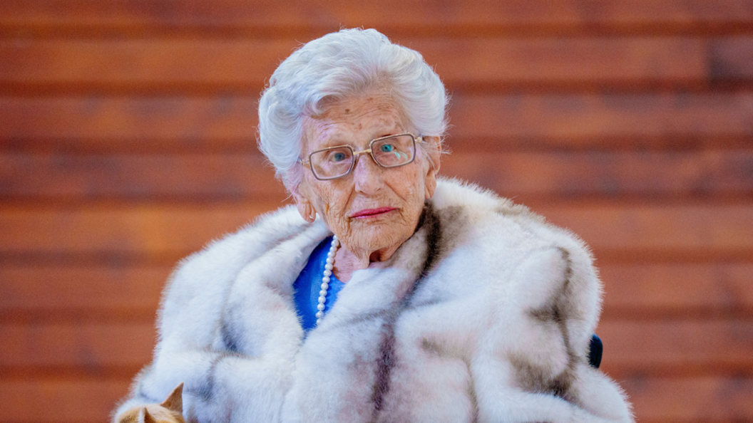 Princess Astrid with white hair and wearing a thick coat aged 93 in May 2025