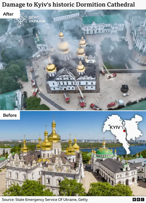 Russian Strike Kills 11 and Burns Kyiv’s Historic Dormition Cathedral