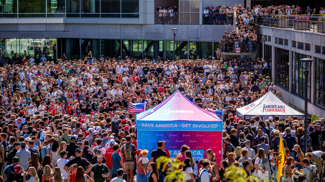 Crowd outdoors at UVU courtyard during Charlie Kirk event