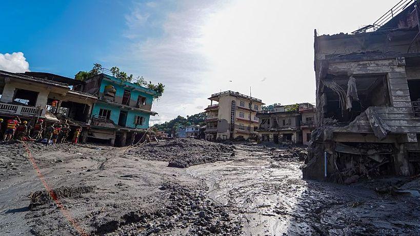 Floodwaters cover low‑lying areas and settlements near the Bhotekoshi River in Nuwakot, Nepal