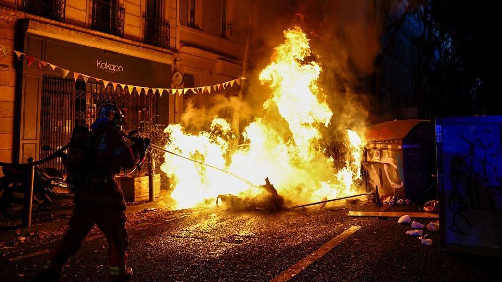 A burning makeshift barricade in Marseille