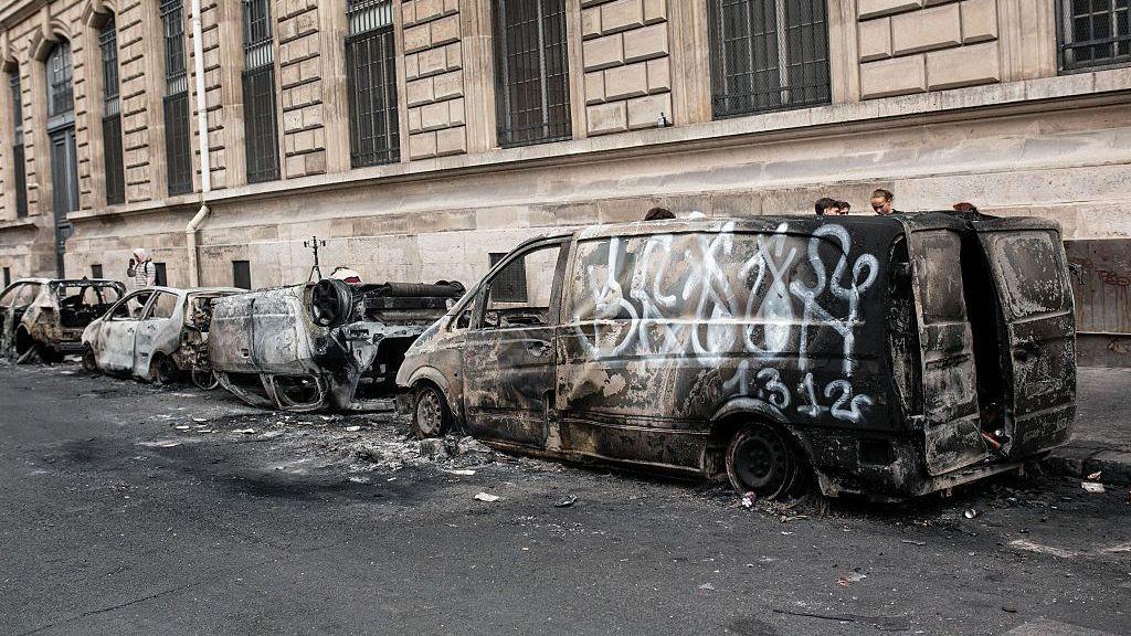 Burned vehicles in Paris after protests