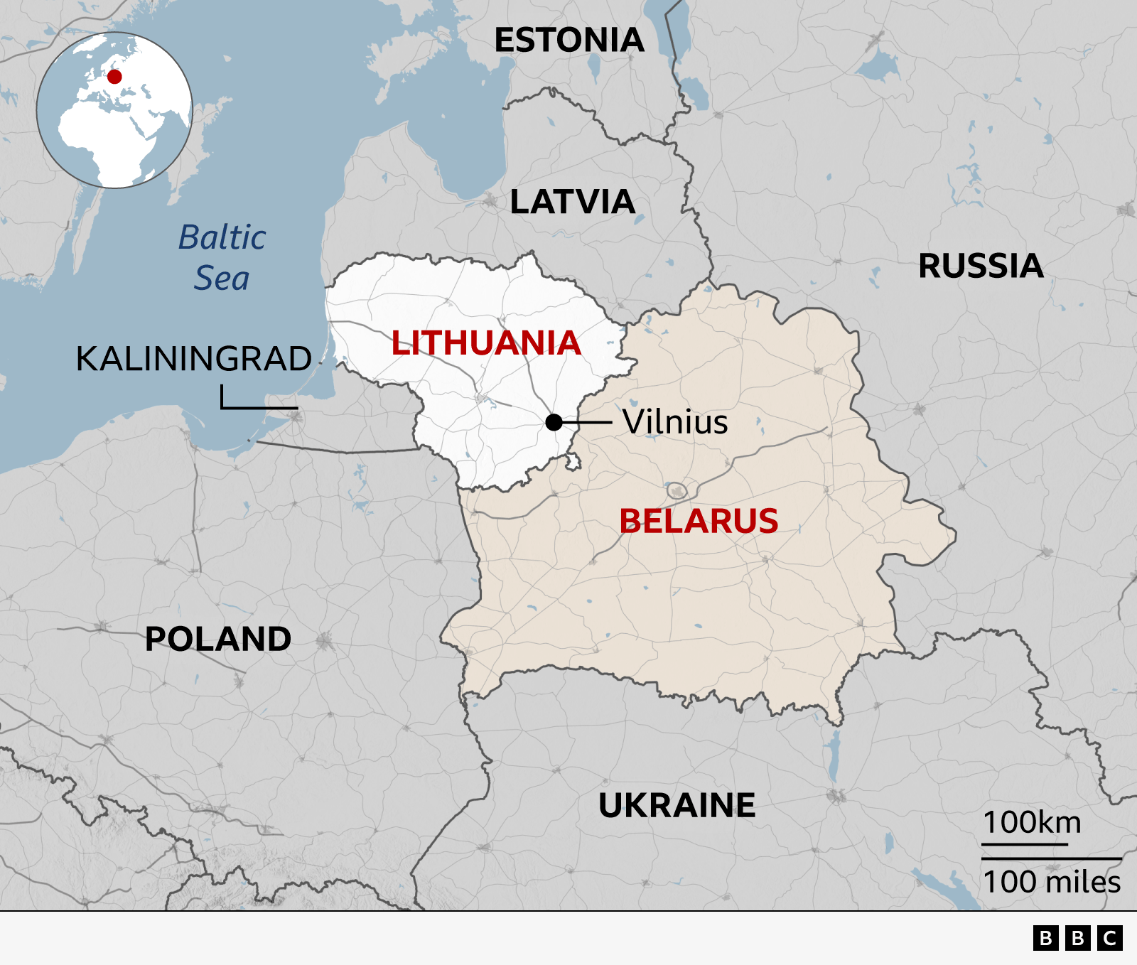 Map showing Lithuania, Belarus, and Russian exclave Kaliningrad