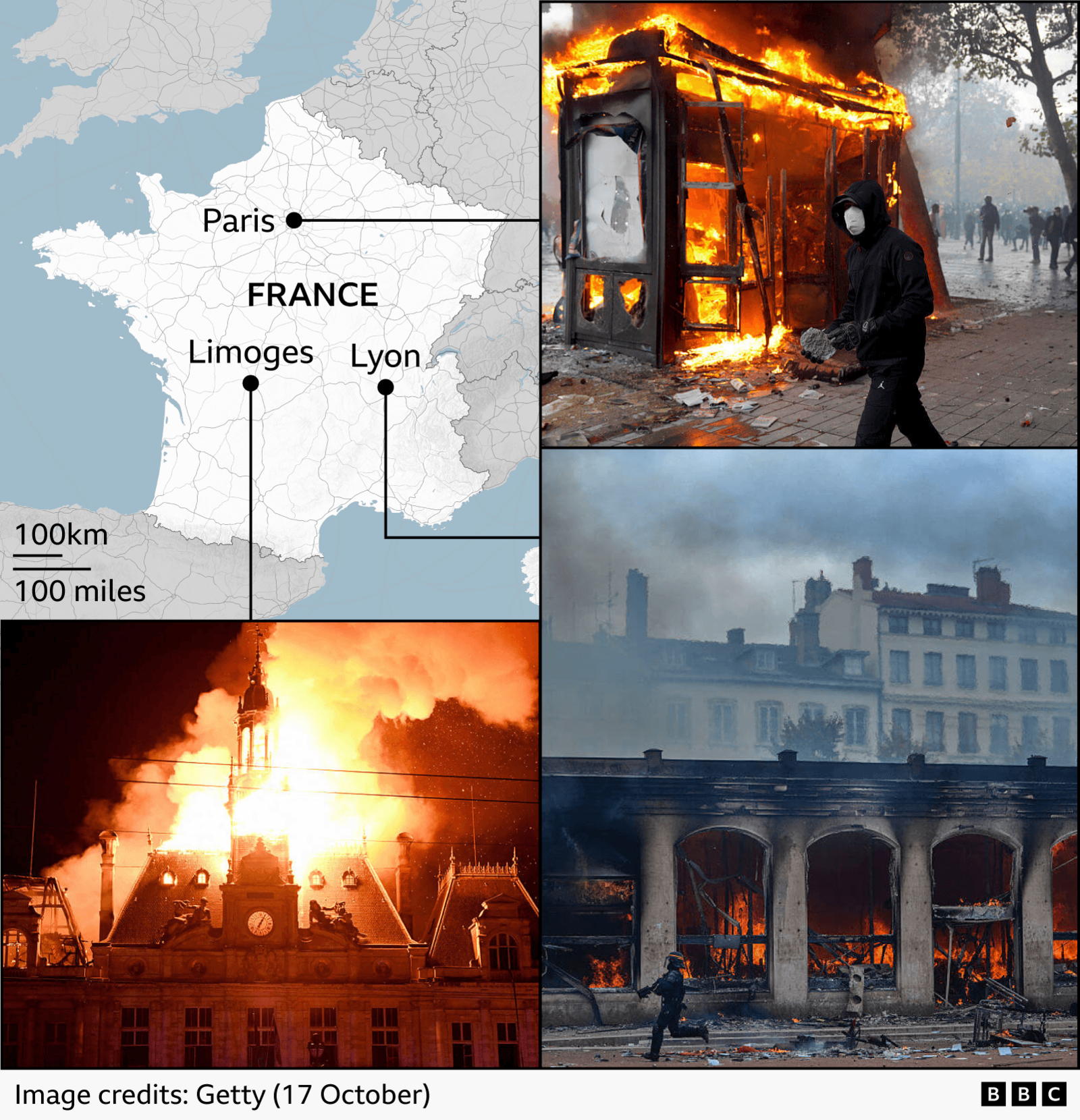 Map of France highlighting places affected by the protests