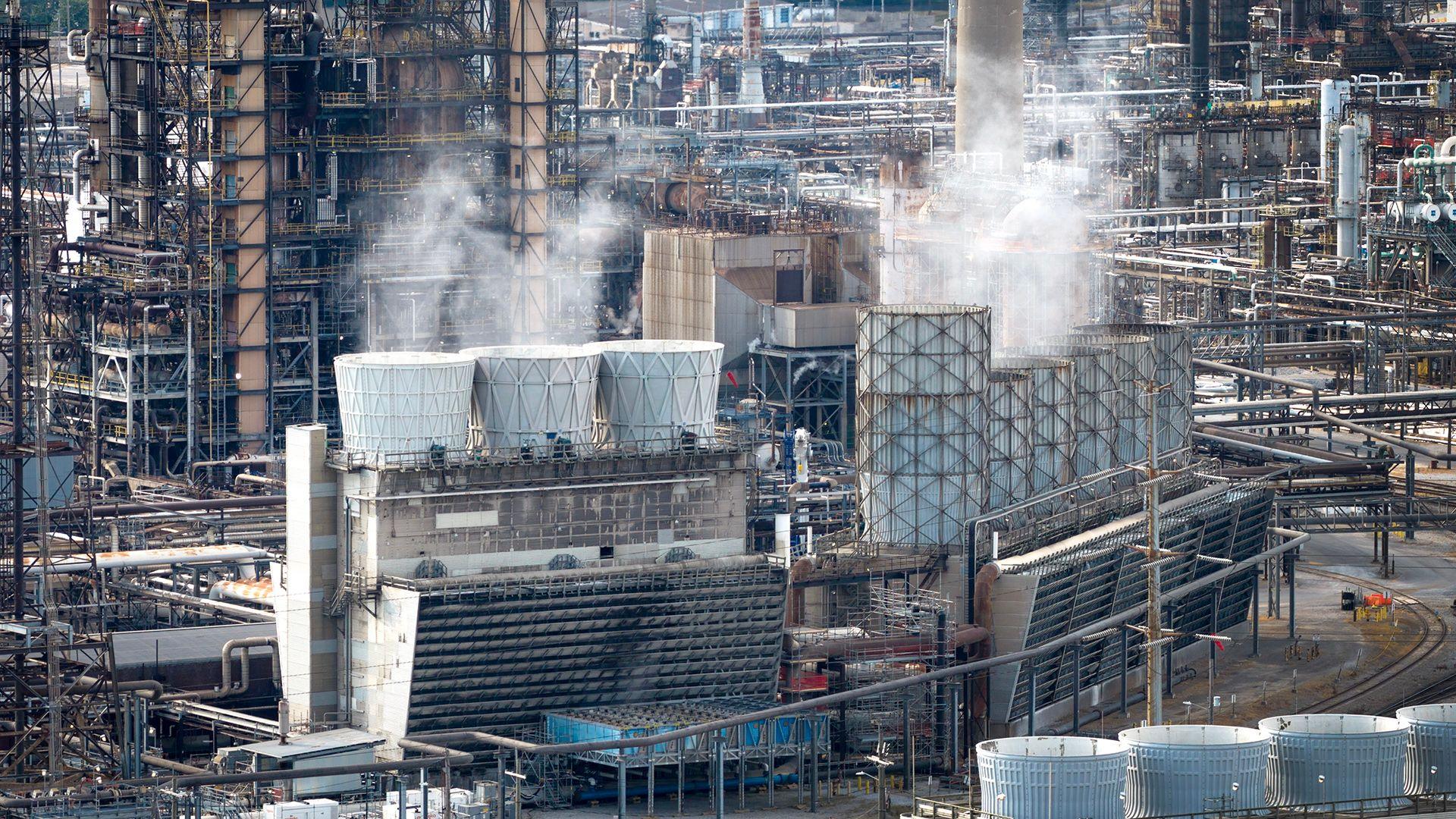 Aerial view of a refinery showing vapor rise